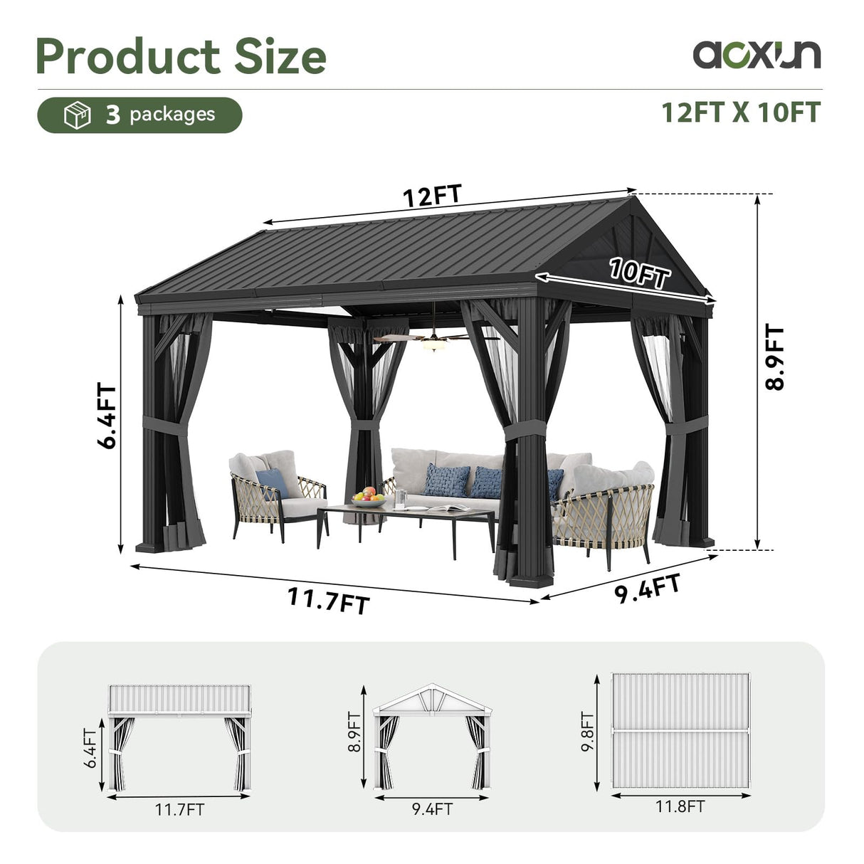 Aoxun 10' X 12' Hardtop Gazebo, Aluminum Outdoor Gazebo with Galvanized Steel Gable Roof Canopy, Patio Permanent Metal Pavilion with Netting, for Garden, Backyard, Deck Aoxun