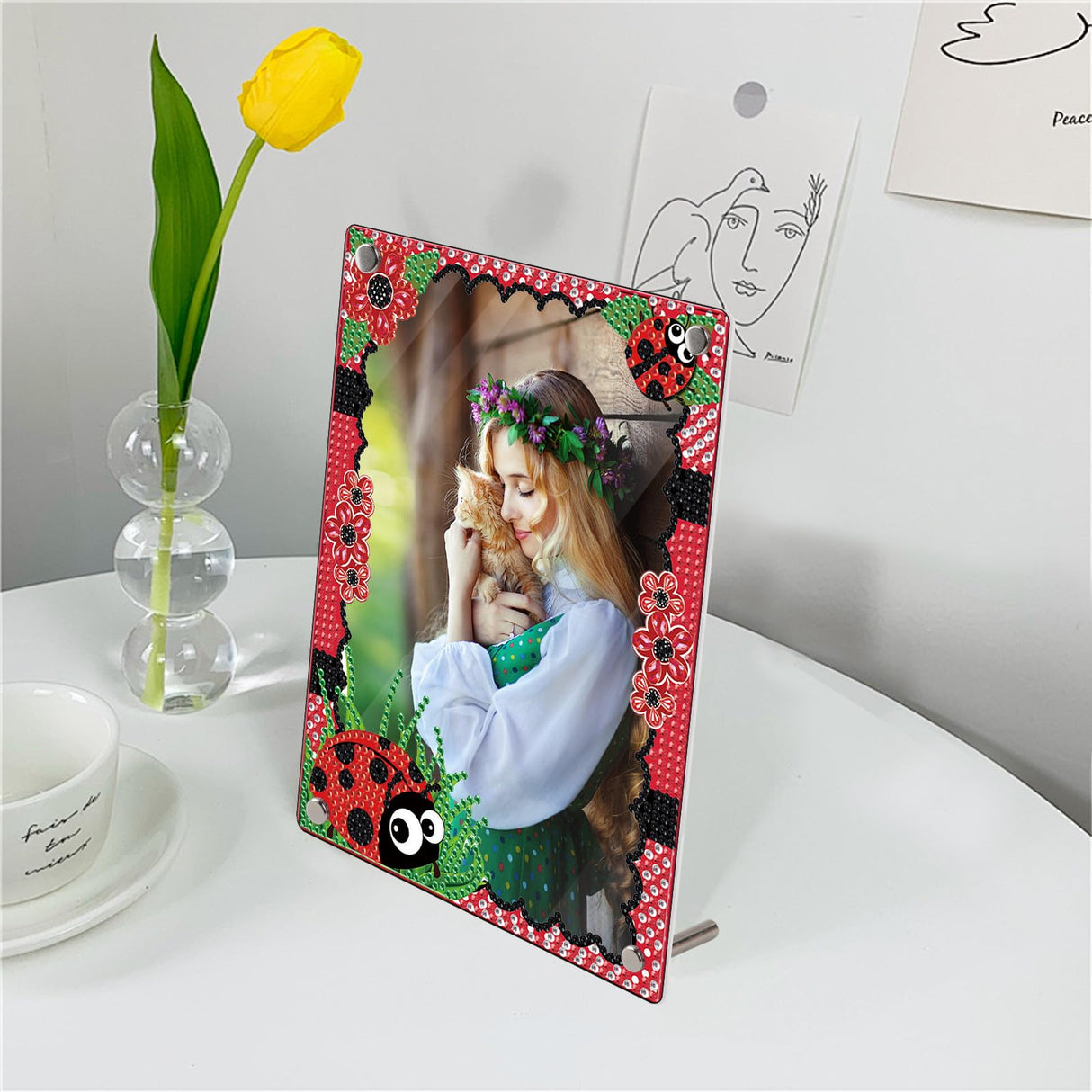 5D Diamond Art Painting Kits with Stand, Diamond Art Photo Frames for Desktop, Special Shape Crystal Rhinestones Kits for Living Room Office Table Decor (Ladybug Red) antor