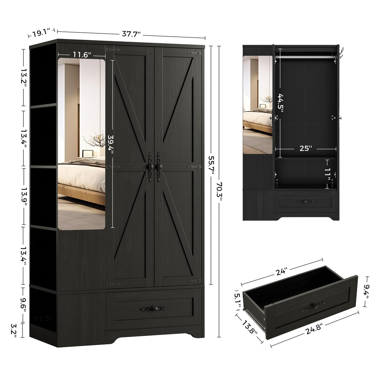 ANCTOR Armoire Wardrobe Closet with Mirror, 70" H Wooden Bedroom Armoires and Wardrobes with 2 Doors, 5 Shelves, Hooks and Drawer, Clothing Storage Cabinet with Hanging Rod, Black ANCTOR