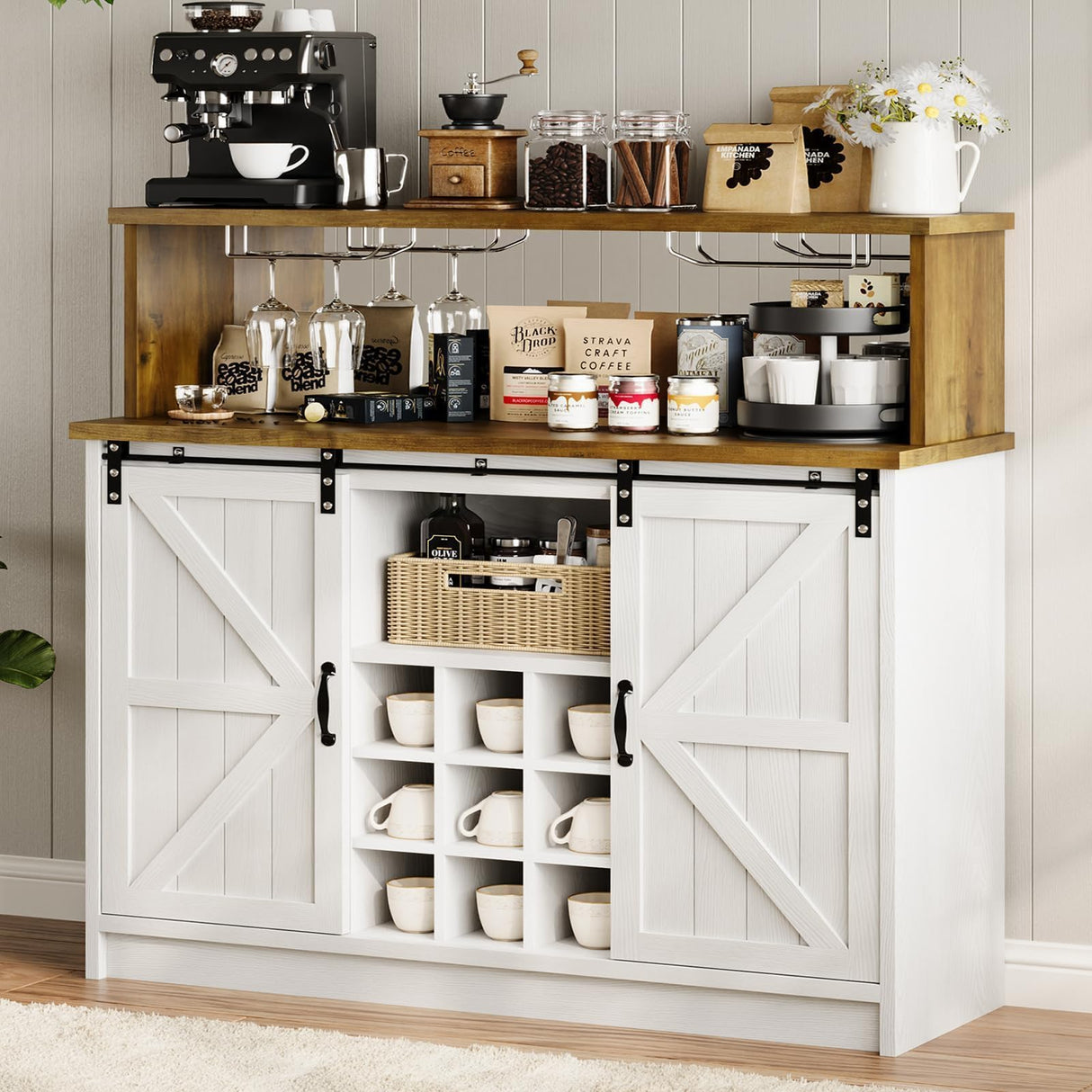 Farmhouse Coffee Bar Cabinet with Storage, 47 Inch Coffee Bar Hutch with Sliding Barn Doors, Wine Bar Cabinet with LED Light and Mirror, White Coffee Bar Table with Wine and Glass Rack for Living Room 4ever2buy