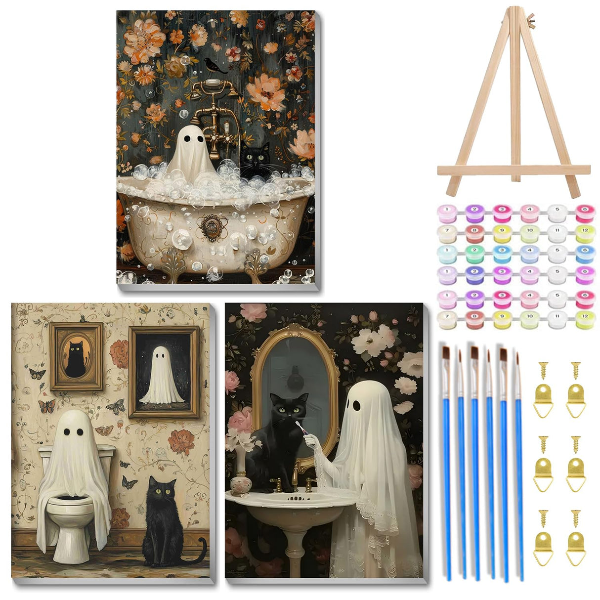 Mandun 3 Pack Halloween Paint by Numbers Kit for Adults with Frame, Ghost Paint by Numbers, Adult Gift Craft Kits 7.8x11.8Inch with Frame and Easel Mandun