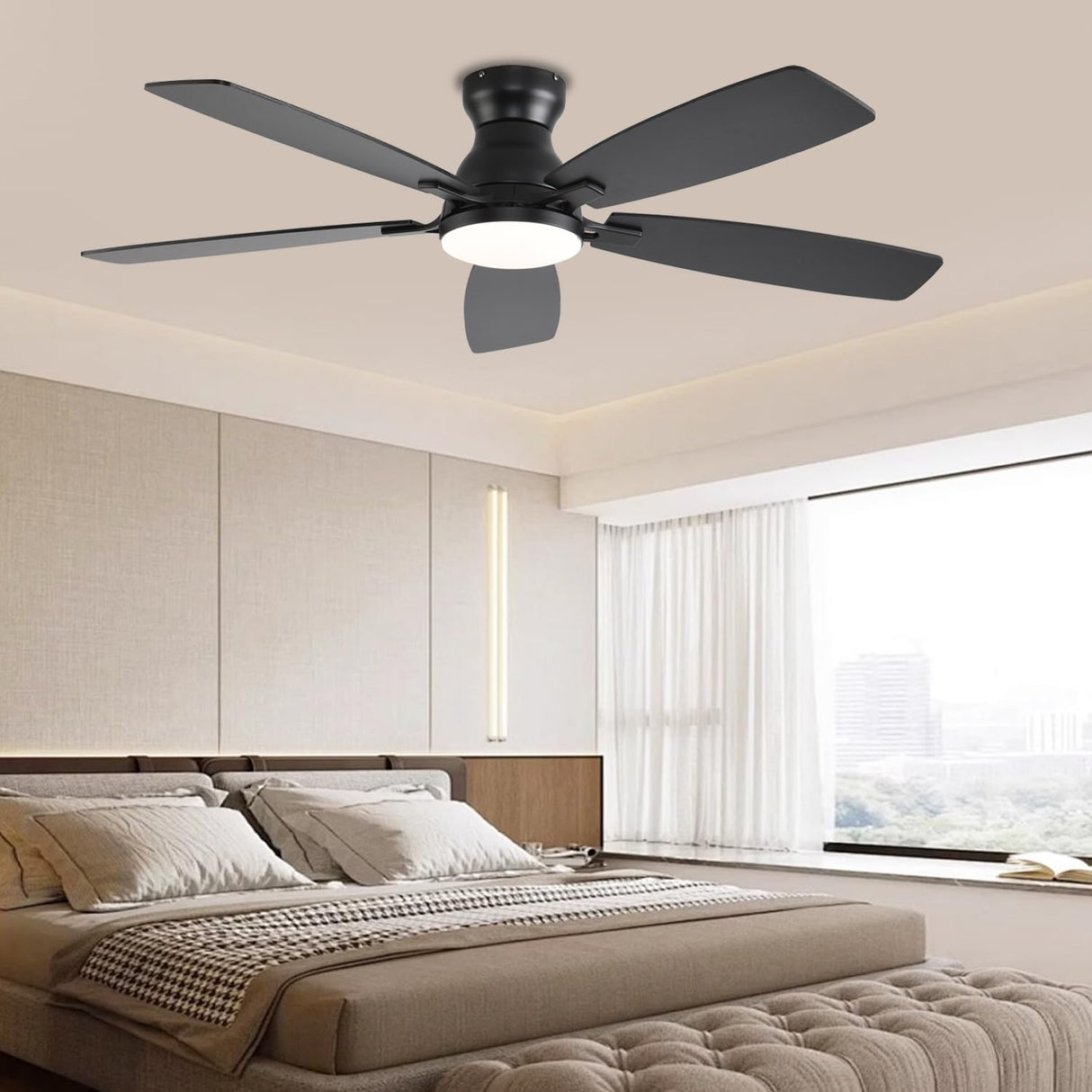 NKPU 52inch Flush Mount Ceiling Fans with Lights and Remote Control/APP Control, DC Reversible Motor, Noiseless, Dimmable, Low Profile Black Ceiling Fan for Bedroom Indoor/Outdoor Use NKPU