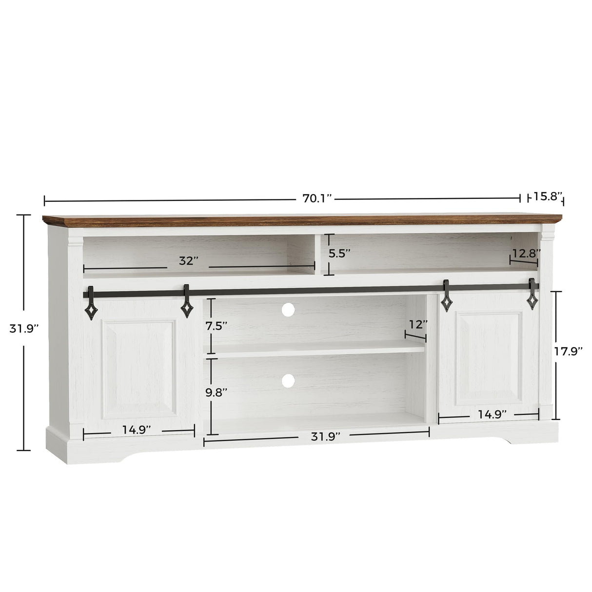 IRONCK Farmhouse TV Stand for 75+ Inch TV, 70" Entertainment Center with Storage Cabinets and Sliding Barn Door, Media Console for Living Room, White IRONCK