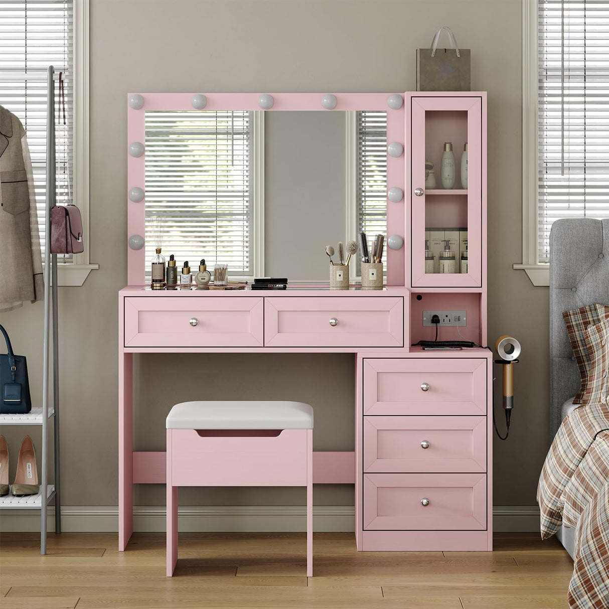 CollaredEagle 43" W Vanity Desk with Mirror & 11 Lights, 5 Drawer Modern Makeup Desk with Glass top & Cushioned Stool, 3 Lighting Modes Brightness Adjustable,Power Outlet,Bedroom,Pink CollaredEagle