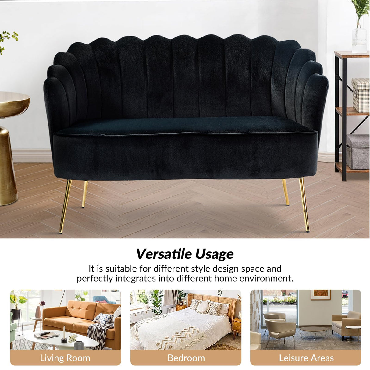 HULALA HOME Modern Velvet Loveseat Sofa with Flower Shaped Back, Comfy Upholstered 2-Seater Sofa with Gold Metal Legs, Small Love Seat Accent Couch for Living Bedroom Leisure Areas, Black HULALA HOME