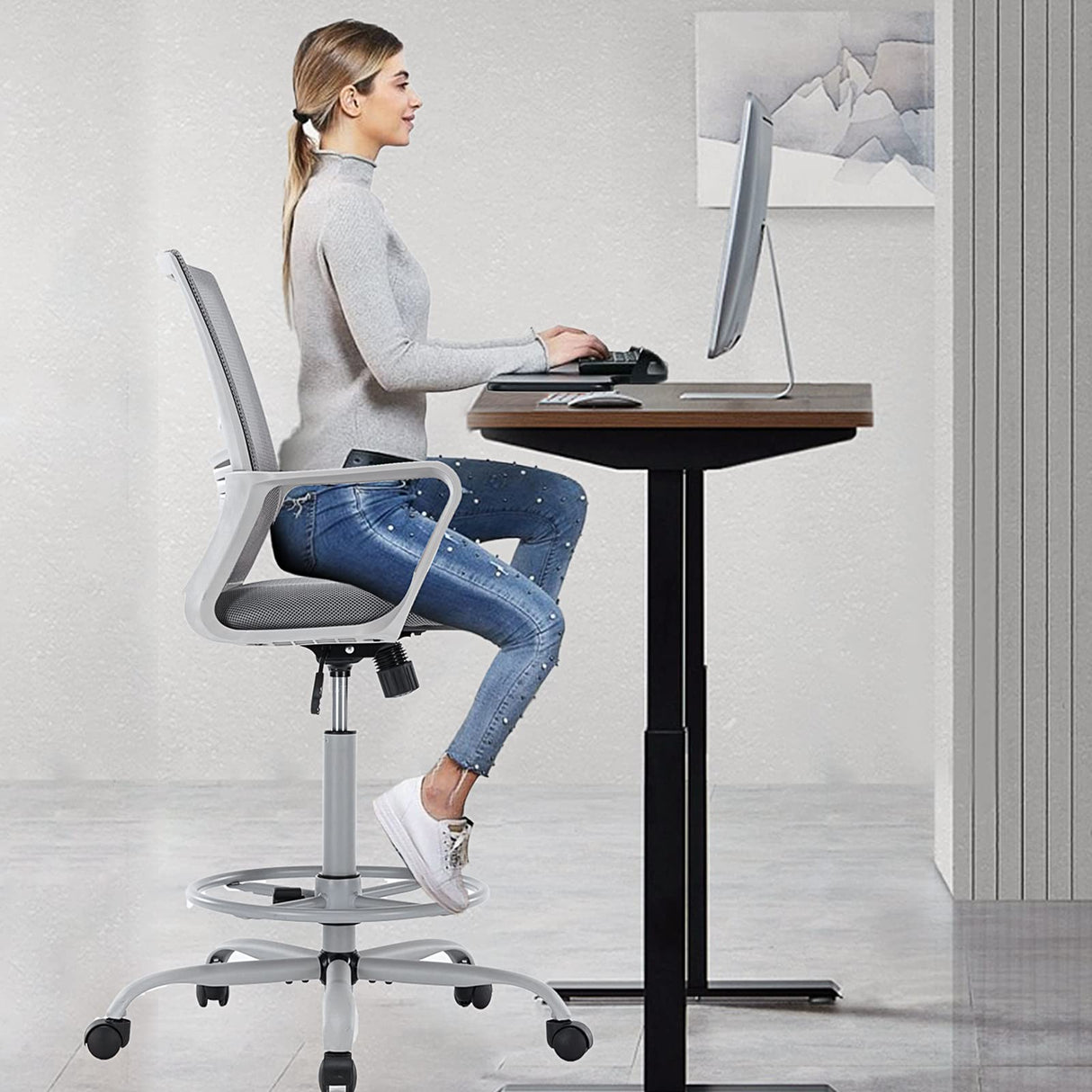 AFO Tall Office Drafting Chair with Ergonomic Lumbar Support, Armrests and Adjustable Foot Ring Breathable Mesh, Comfortable Padded Seat Cushion, for Standing Desk, Grey 18.5D x 18.9W x 45.47H Inch AFO