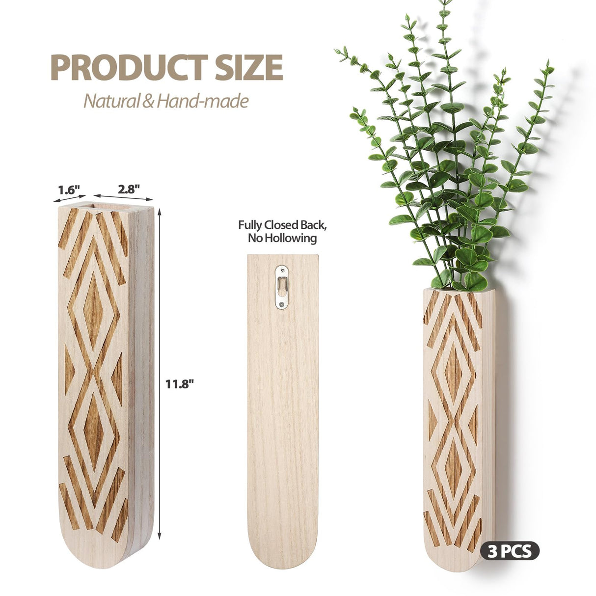 WEWEOW Wall Planter for Indoor Plants, 3 Pack Geometric Hanging Planter, Stylish Wood Vase for Fake Plants and Dried Flowers Stems, Boho Wall Decor for Living Room, Bedroom, Entryway WEWEOW