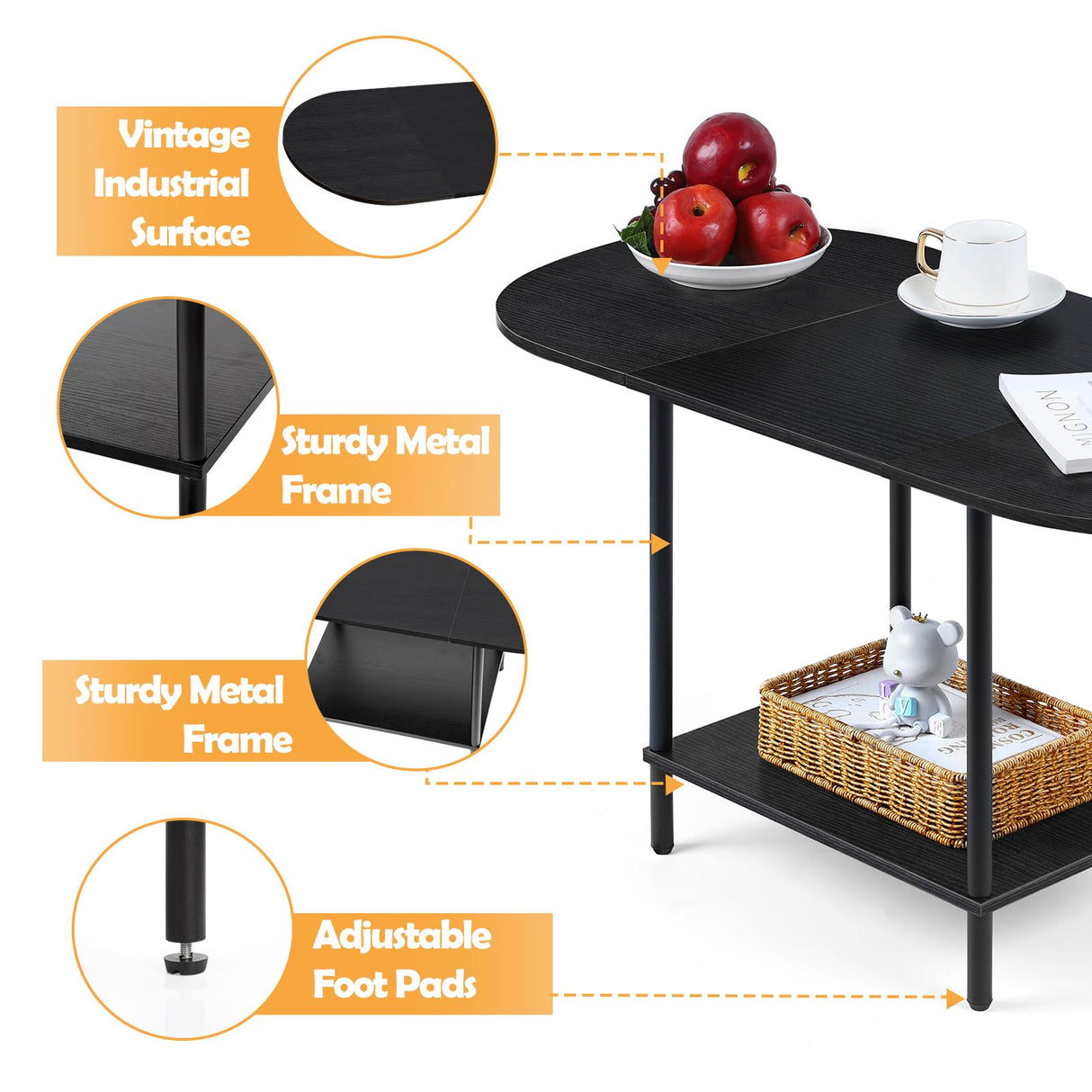 Coffee Tables for Living Room,2-Tier Small Coffee Table Industrial Modern Black Coffee Table with Storage Shelf and Wood Tabletop for Small Space,Home Office Shinoske