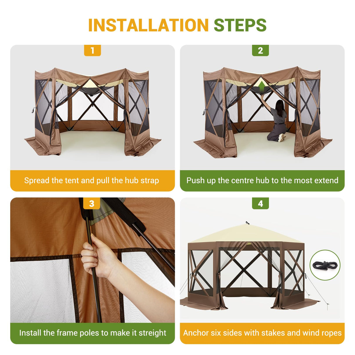 Hipicute Pop Up Gazebo,10 X 10 Ft Portable Outdoor Camping Pop Up Canopy Screen Tent with Mosquito Netting Gazebo,Waterproof 6 Sidewalls,Ground Stakes,Carry Bag for Lawn, Garden, Backyard(Brown) Hipicute