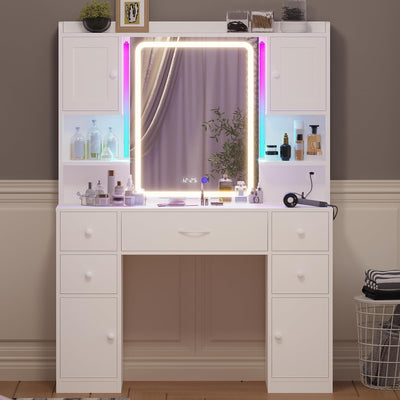 Tiptiper Large Vanity Desk with Mirror and Lights, Makeup Vanity with Lights and Charging Station, Vanity Table with Smart Mirror with Time Display, Makeup Table with 5 Drawers, White