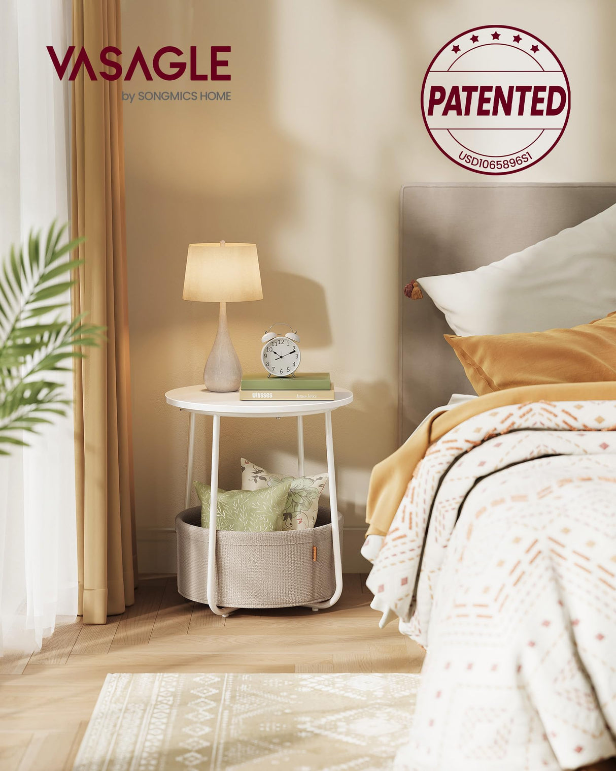 VASAGLE Nightstands, Set of 2 Small Round Side Tables with Fabric Basket, Bedside End Tables, for Bedroom, Matte White and Camel Brown ULCT665W01 VASAGLE