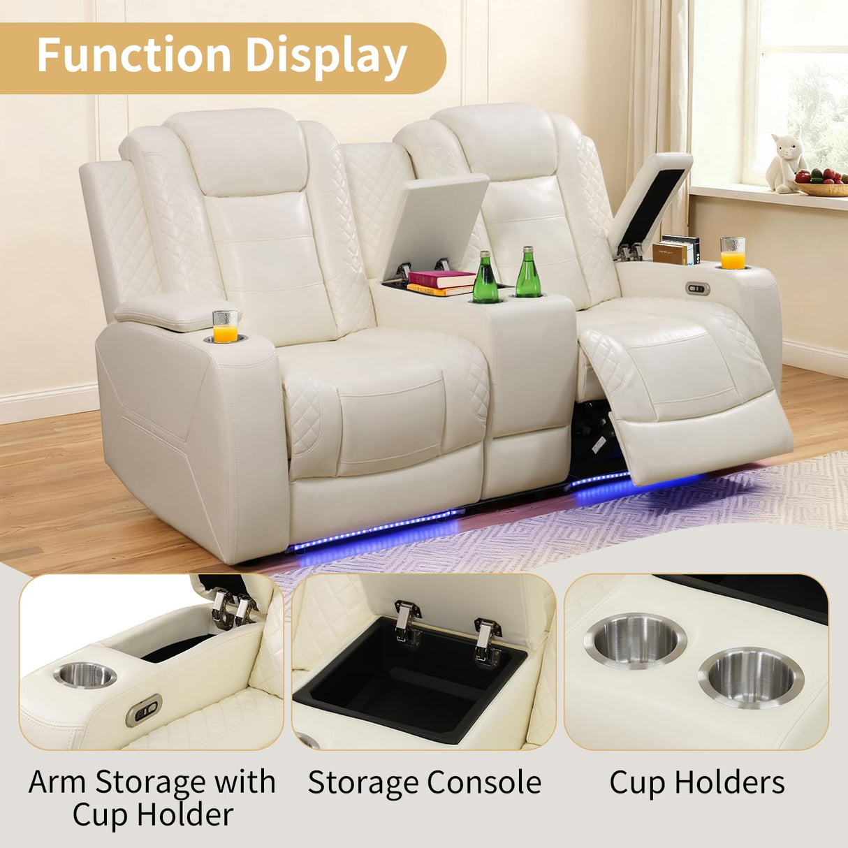 Caberryne Power Recliner Sofa Set with LED Lights,Leather Reclining Couch and Loveseat Set with USB Port/Coffee Table/Cup Holder,Living Room Set with 4 Recliner Seats for House(2 Piece Set,Creamy) Caberryne