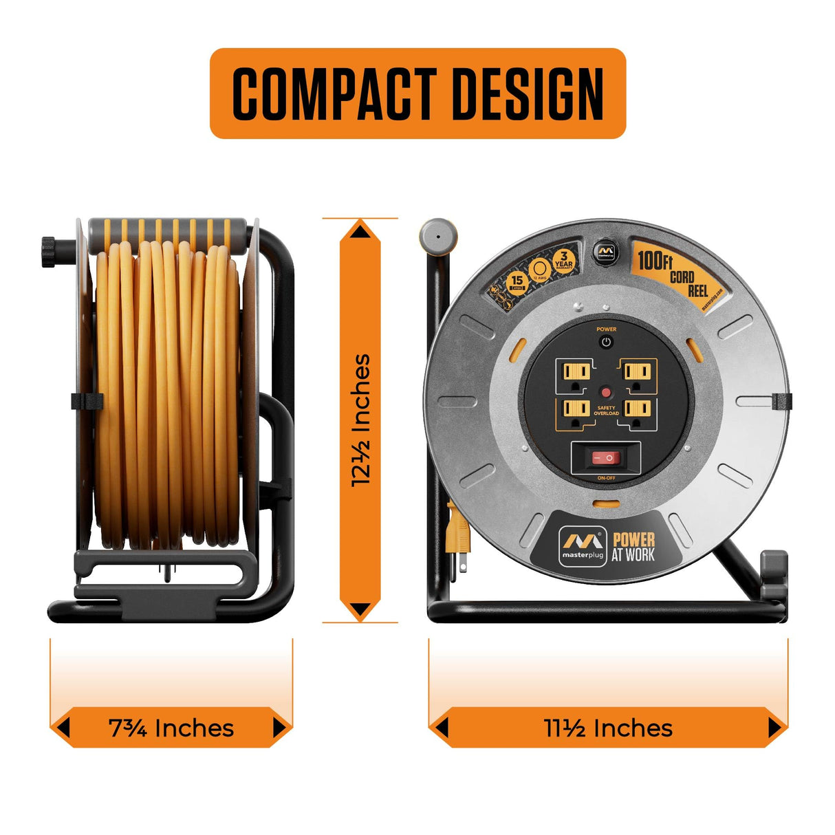 Masterplug 100ft Cord Reel, Metal Cable Drum, Retractable Extension Lead with Winding Handle, Safety Overload Circuit Breaker and Power Switch, 4x Grounded Outlets, 15amps, 12AWG Cable Masterplug