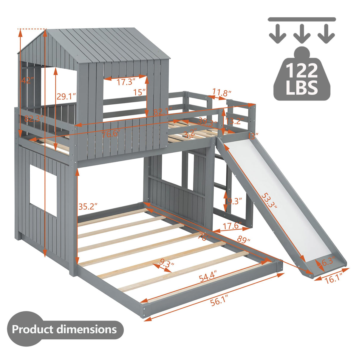 Harper & Bright Designs House Floor Bunk Beds with Slide, Wooden Twin Over Full Bunk Beds with Slide, Roof and Guard Rail for Kids, Teens, No Box Spring Needed (Gray, Twin Over Full Size) Harper & Bright Designs