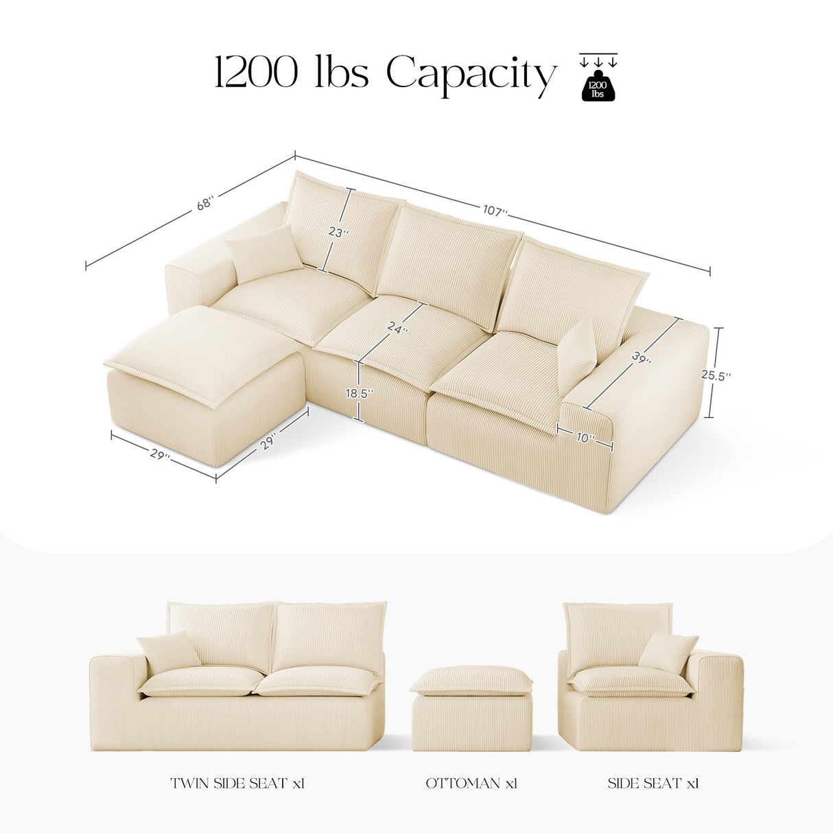 Mifnas 107" Comfy Cloud Couch with L-Shape Chaise & Deep Seat, Modular Sectional Sofa in a Box, Boneless Upholstered Couches for Living Room, No Assembly Required (Soft Corduroy, Beige) Mifnas