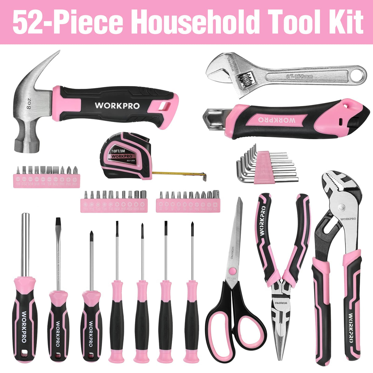 WORKPRO 52-Piece Pink Tools Set, Household Lady Tool Kit with Storage Toolbox, Basic Tool Set for Home, Garage, Apartment, Dorm, New House, Back to School, and as a Gift WORKPRO