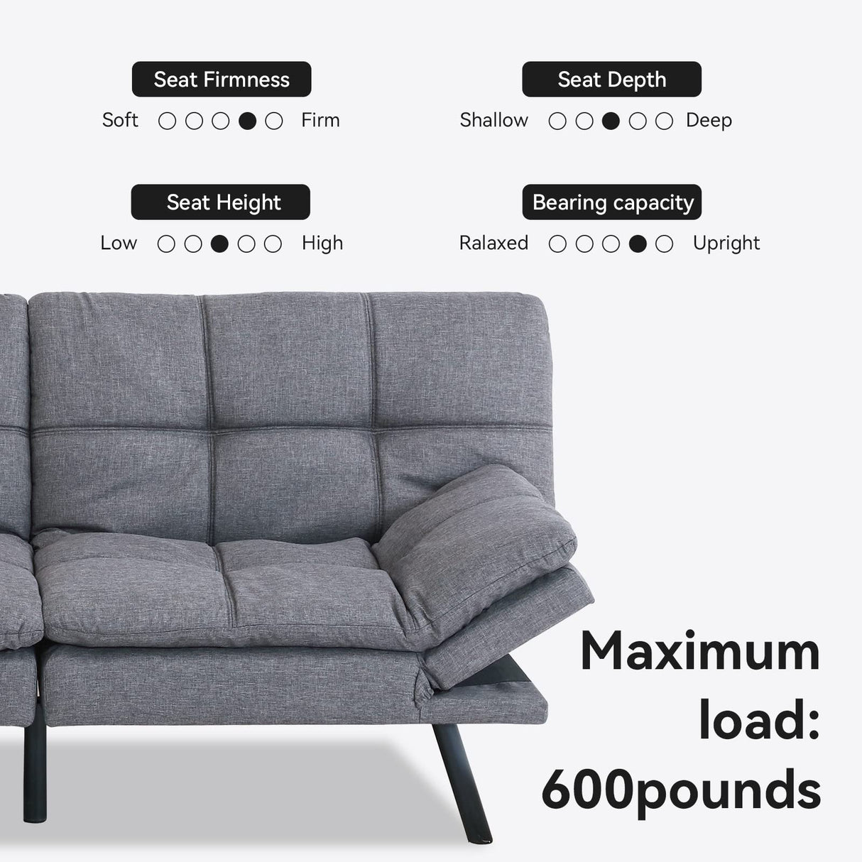 Opoiar Futon Sofa Bed Twin, Memory Foam Couch Bed with Mattress and Frame Included,Comfortable Grey Fabric Loveseat Sleeper Sofa for Dorm Apartment Office College Small Space Bedroom Opoiar