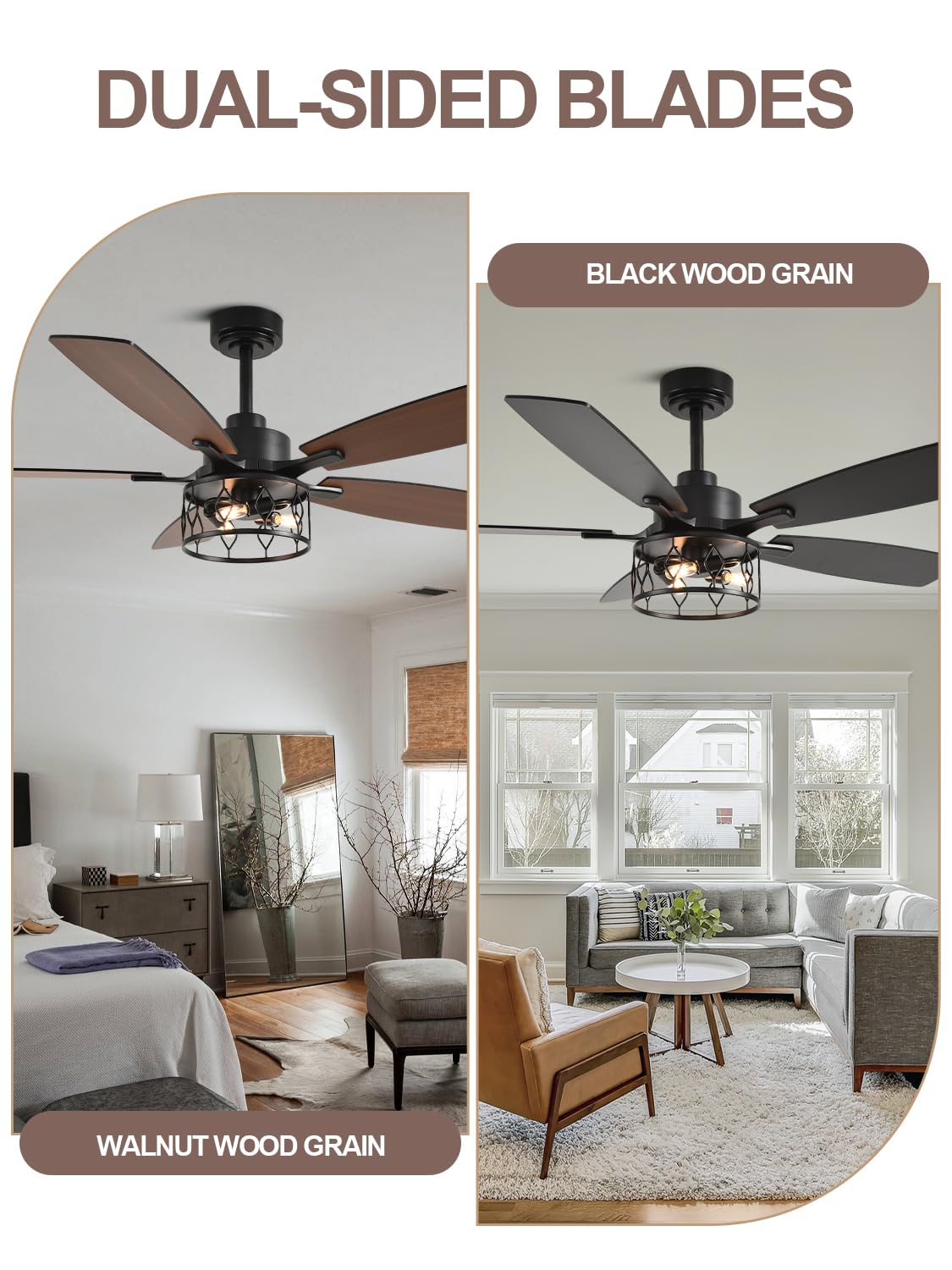 Curve Curio 52 Inch Farmhouse Ceiling Fan with Light and Remote Industrial Ceiling Fan Quiet and Reversible DC Motor Rustic Caged Chandelier Fan for Living Room Bedroom Patio Curve Curio