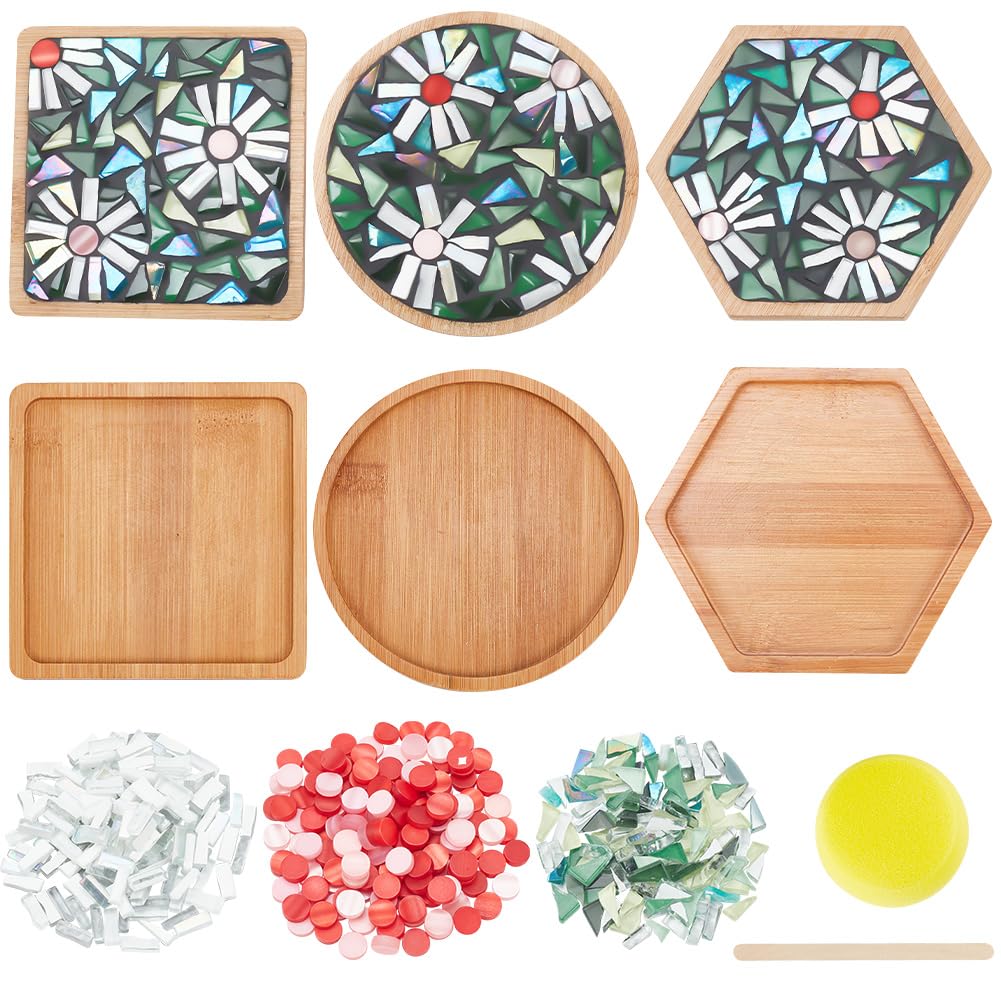 WEBEEDY 3 Styles DIY Mosaic Craft Kit Easy to Make DIY Flower Mosaic Bamboo Coasters Kits for Adults Beginner, Green Glass Mosaic Tiles with Blank Base Tray for Handmade Art Home Decor WEBEEDY