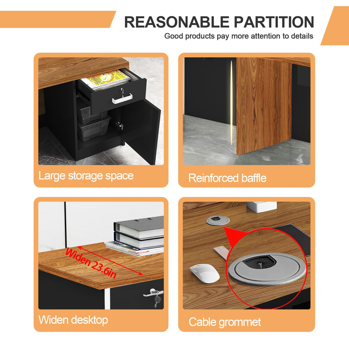 L-Shaped Reception Desk Wooden Commercial Receptionist Table Black and Wood Front Desk Reception Room Table for Office Retail Salon Checkout Right Corner 160cm/63inch Generic