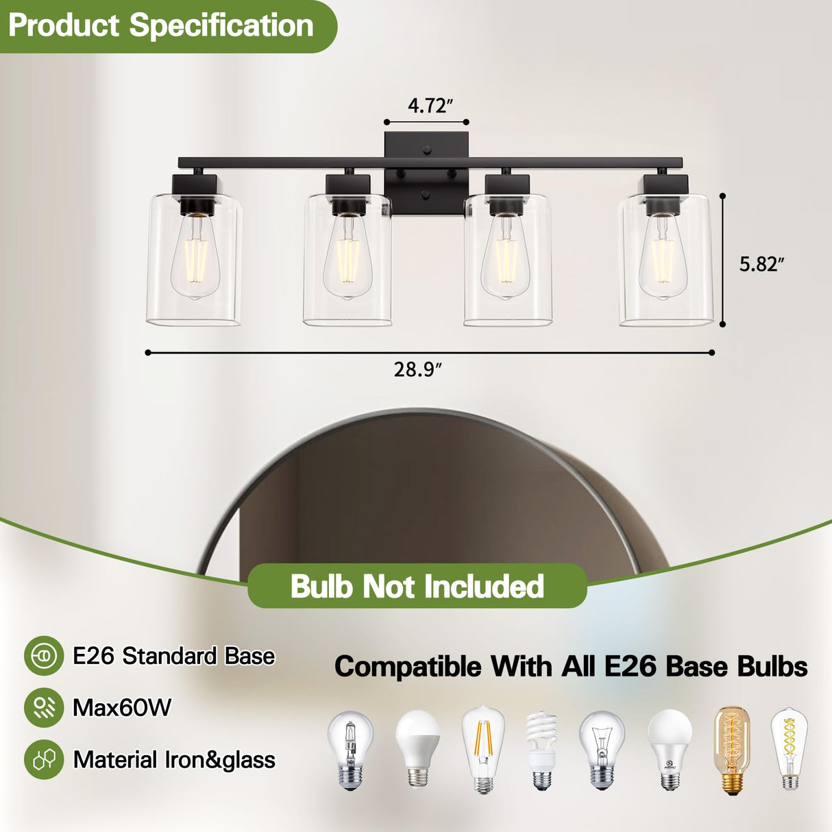 Espird 4 Light Bathroom Vanity Light - Matte Black Bathroom Light Fixtures Square Design & UL Certification, Square Light Fixture Over Mirror, Farmhouse Light Fixtures for Bathroom & Bedroom Espird