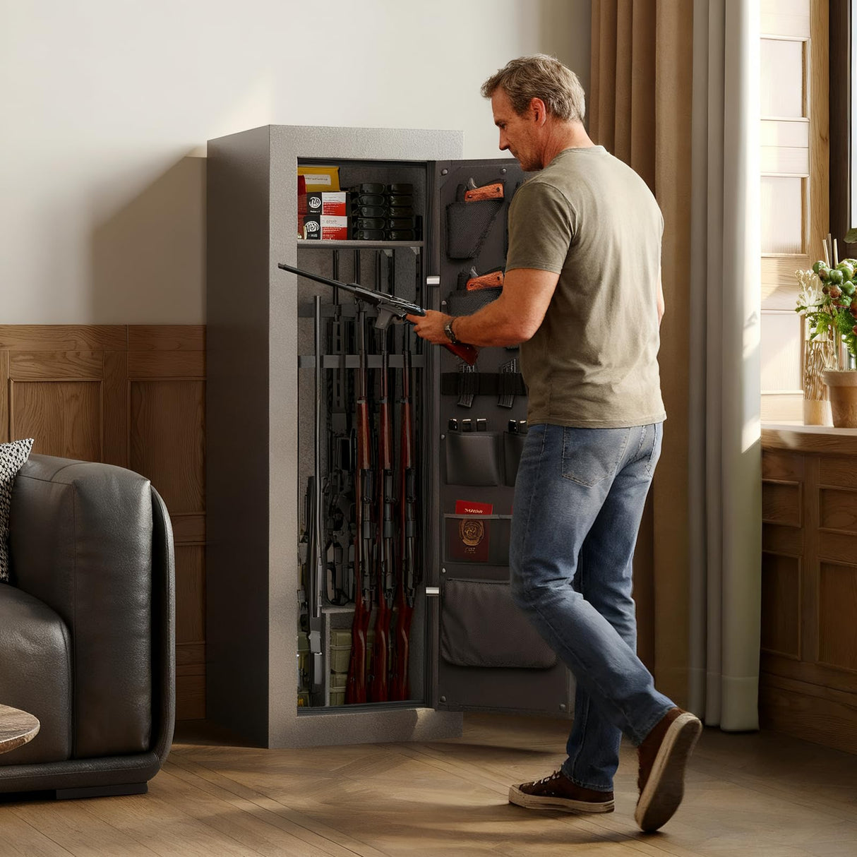 KAER Fireproof 16-20 Gun Safe Cabinet 1400°F / 45 Minutes Backlit Electronic Lock with 5 Active Bolts + 2 Deadbolts 90-180° External Hinges Interior Door Storage | Rotary Handle for Home (Grey) KAER