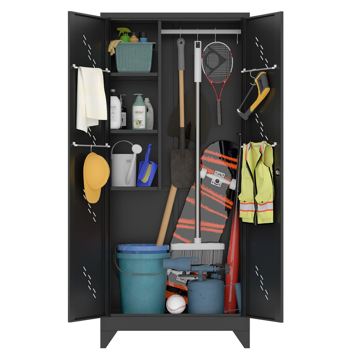 OSEILLC Metal Storage Cabinet with Locking Doors, 75" Tall Garage Storage Cabinet with Hanging Rod, Broom Closet/Freestanding Bathroom Storage Cabinet, Cleaning Tool Storage OSEILLC