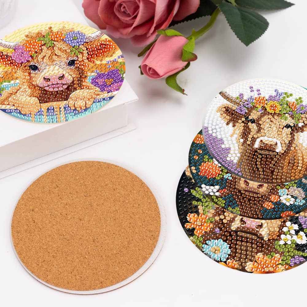 8 Pack Diamond Art Coasters Kits - Highland Cow Diamond Painting Coasters Kit Set with Holder Cork Pads, DIY Cow Diamonds Art Non Slip Coaster Crafts Kits for Adults Beginners Gifts mrpwnle
