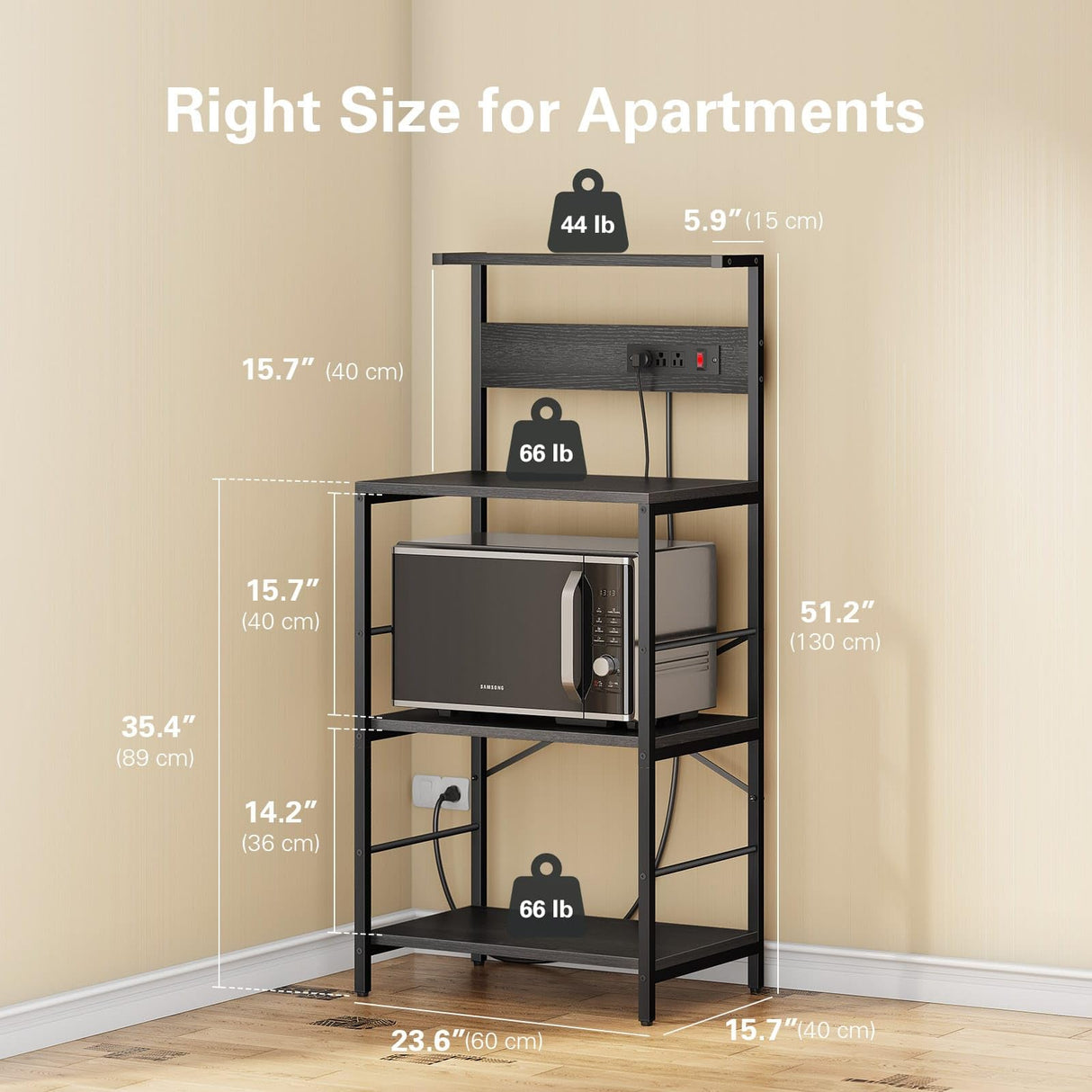 Anycoo Bakers Rack with 3 Power Outlets, 4-Tier Kitchen Microwave Stand with Storage, Freestanding Kitchen Shelf Stand 23.6”L x 15.7”W x 51.2”H, Coffee Bar Table, Black Anycoo