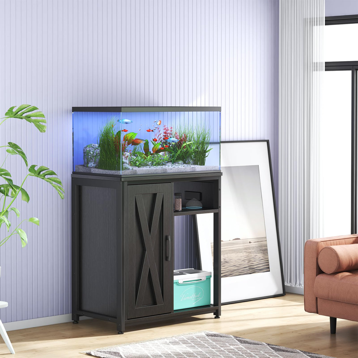 ZERDER Aquarium Stand with USB and AC Power Strip, Cabinet for Fish Tank Accessories Storage, Heavy Duty Metal Fish Tank Stand for Turtle Tank (Black, 20-29 Gallons) ZERDER