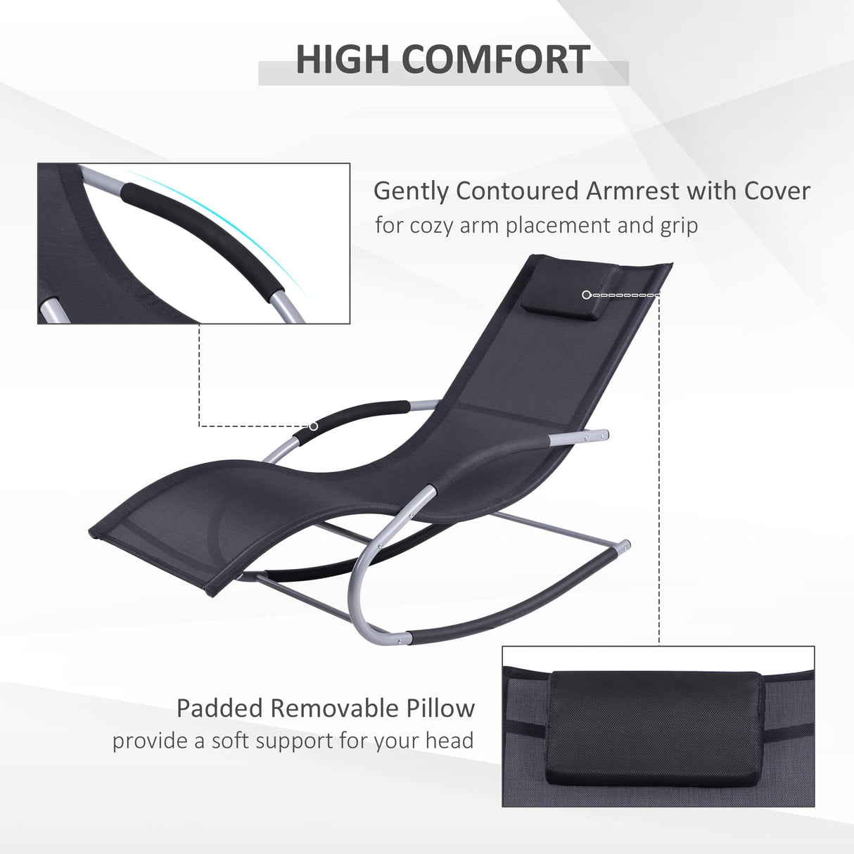 Outsunny Zero Gravity Rocking Chair Outdoor Chaise Lounge Chair Recliner Rocker with Detachable Pillow and Weather-Fighting Fabric for Patio, Deck, Pool, Black Outsunny