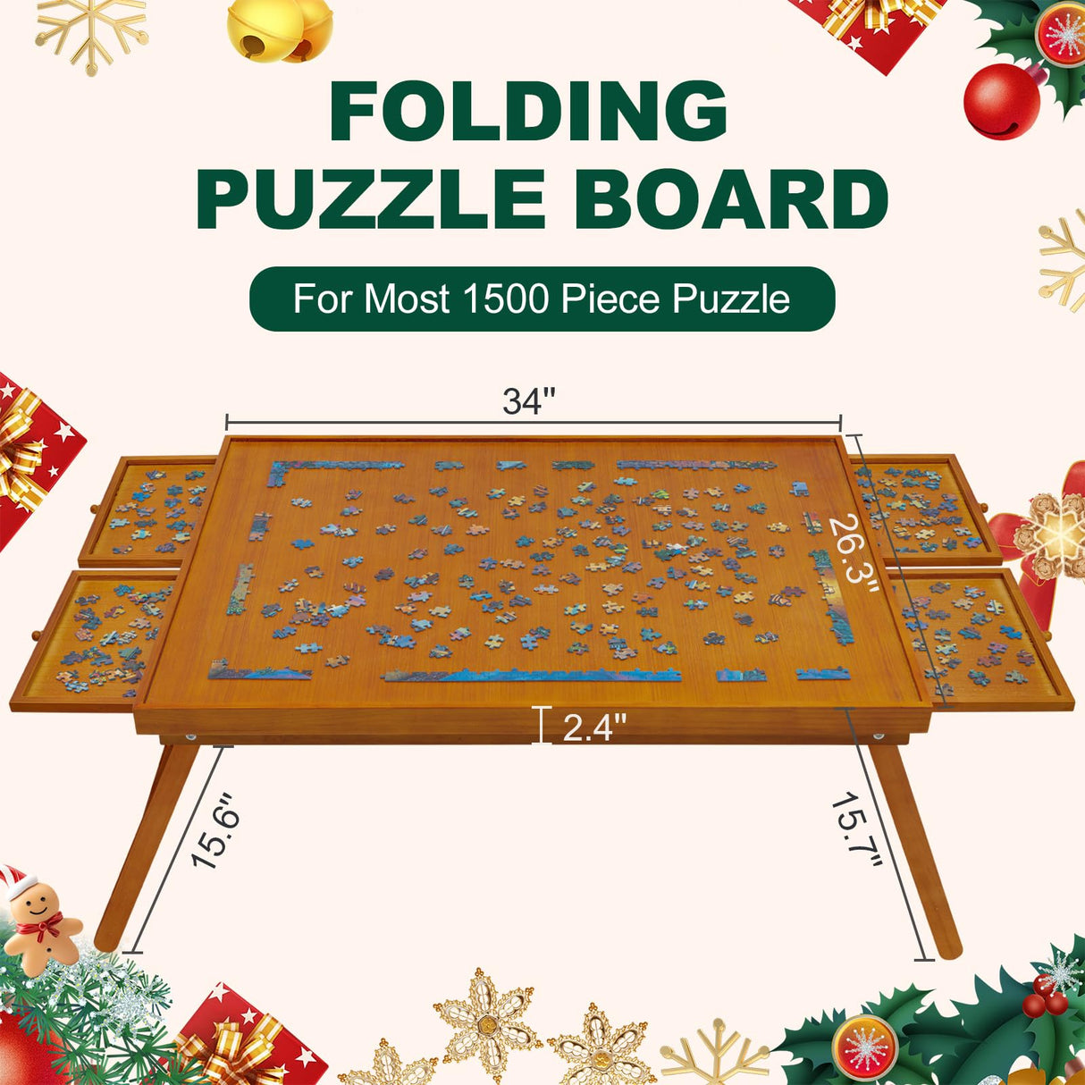 TEAKMAMA 1500 Piece Wooden Jigsaw Puzzle Board with 4 Drawers, Folding Puzzle Table with Protective Cover, Puzzle Board with Legs, Multifunctional Puzzle Board for Adults, 34W x 26.3D, Brown TEAKMAMA