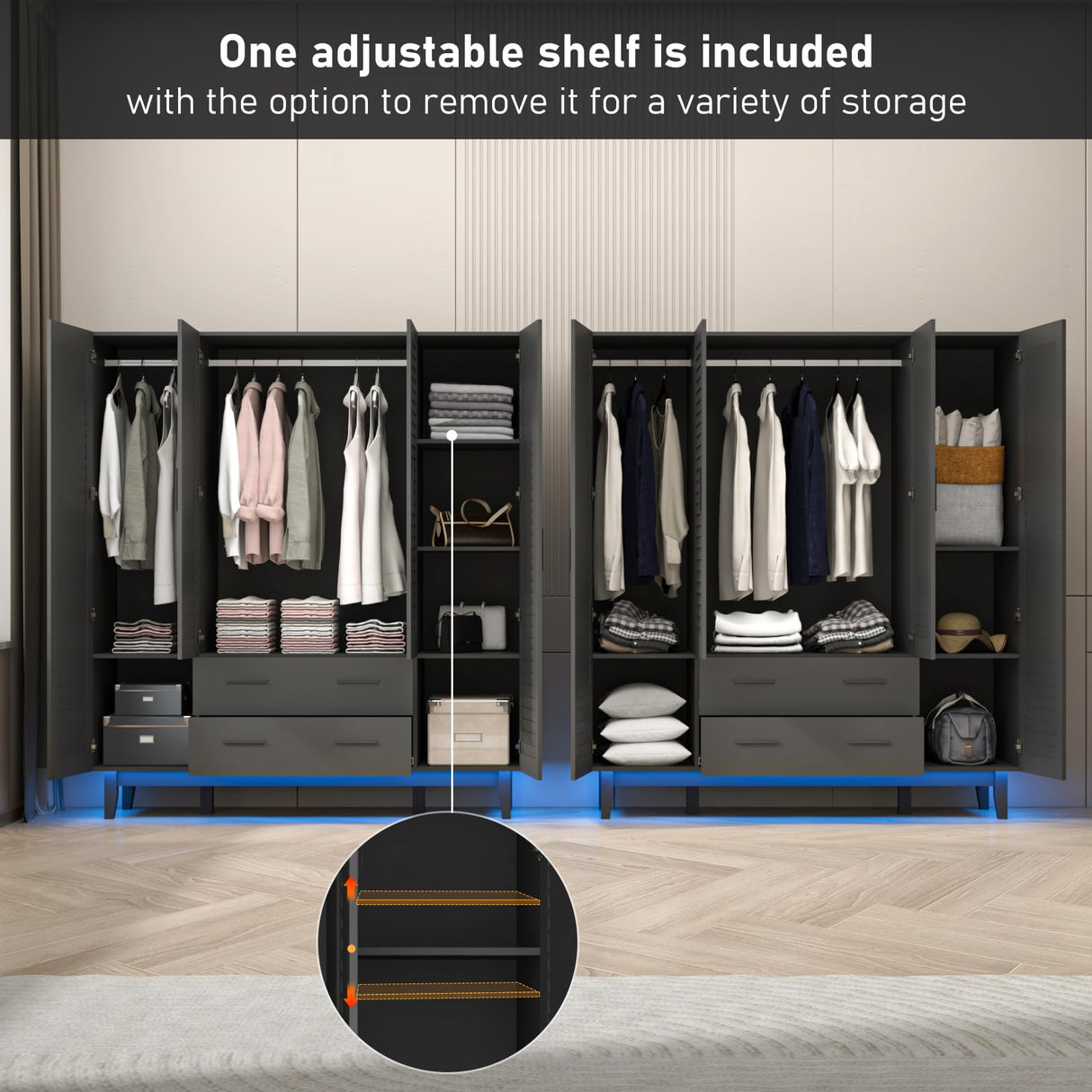 jiteentarou 4 Door Armoire Wardrobe Closet Cabinet with Drawers and LED Lights, Multi-Tier Shelves, Hanging Rod & Louver Doors, Large Capacity Storage Wardrobe Armoire for Bedroom(4 Doors Black) jiteentarou