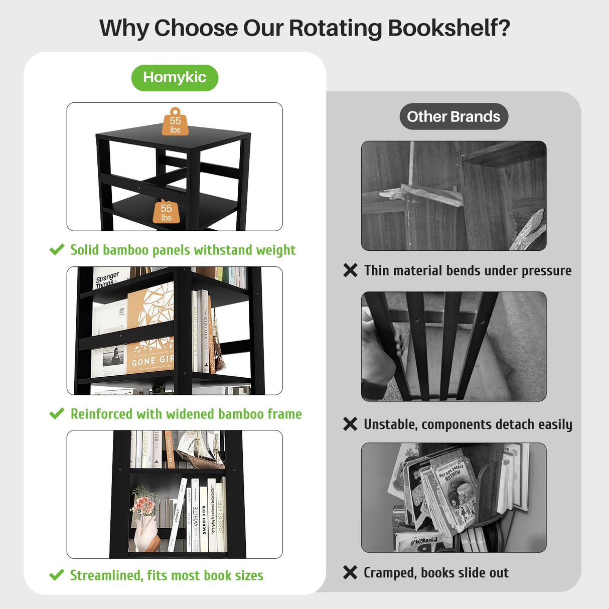 Homykic Rotating Bookshelf, Bamboo 360 Display Spinning Bookshelf Tower, 5-Tier Small Corner Bookcase for Small Spaces, Narrow Revolving Book Shelf Organizer Rack for Home Office, Black Homykic