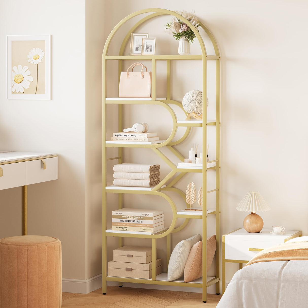 Garvee Bookshelf 6 Tier Arched, Bookcase 82 in Tall Display Racks, Geometric Open Storage Shelf, Book Rack Metal Frame Large Modern Bookshelf for, Living Room, Home, Office, Gold+White Garvee
