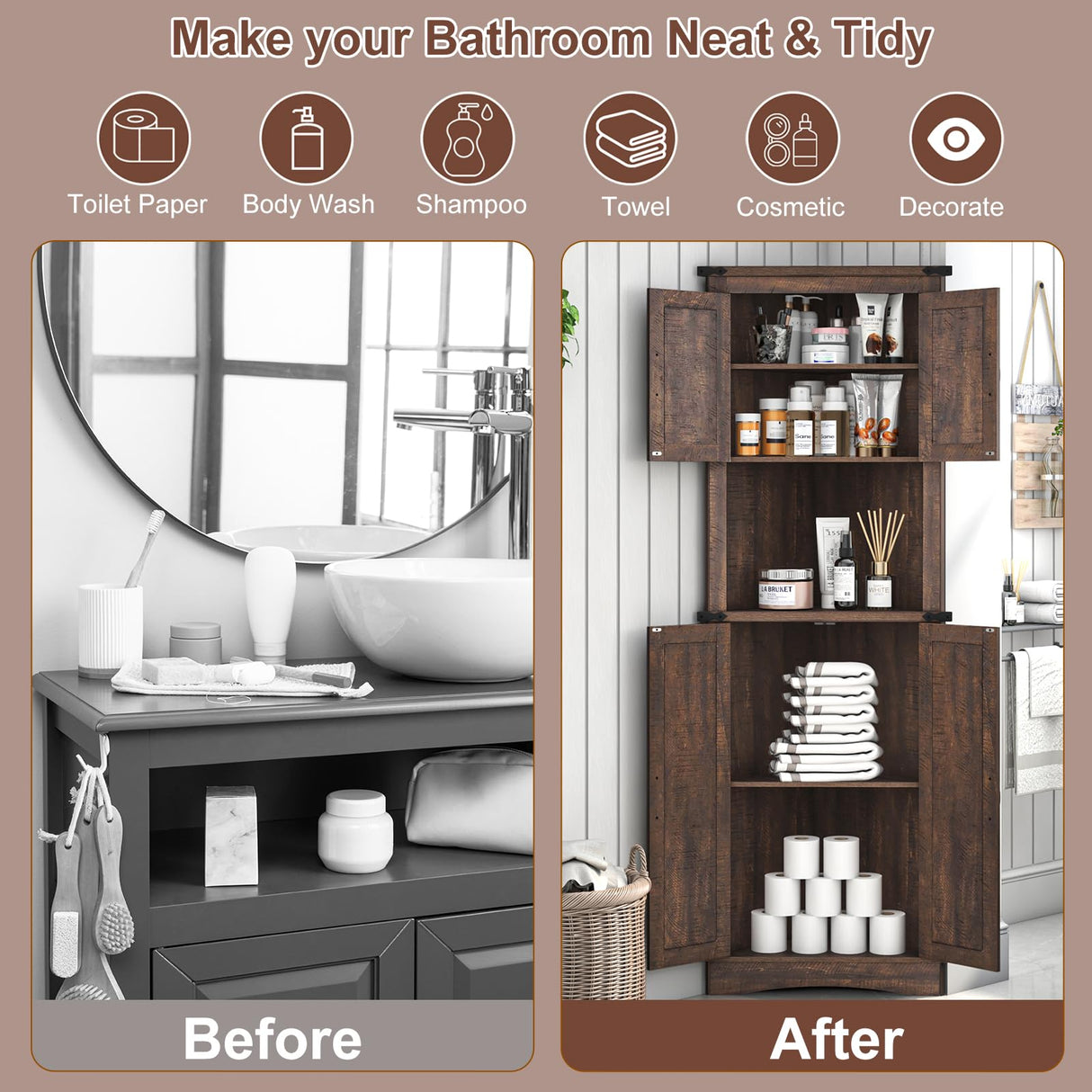 Hlivelood 68" Tall Farmhouse Corner Cabinet, 5-Tier Storage Cabinet with 4 Barn Doors & Adjustable Shelves, Bathroom Cabinet with Storage for Living Room, Kitchen, Bathroom, Brown Hlivelood