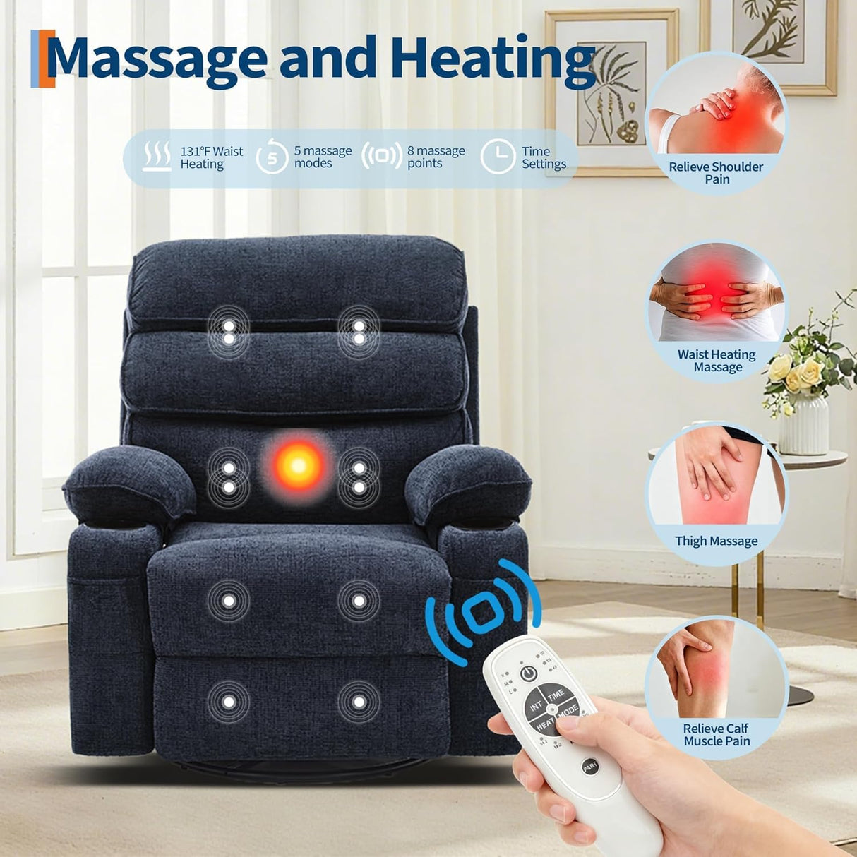 360° Swivel Massage Rocker Recliner with Heat, Linen Glider Chair for Adults, Side Pocket & 2 Cup Holders – Living Room & Bedroom Comfort Tioutbot