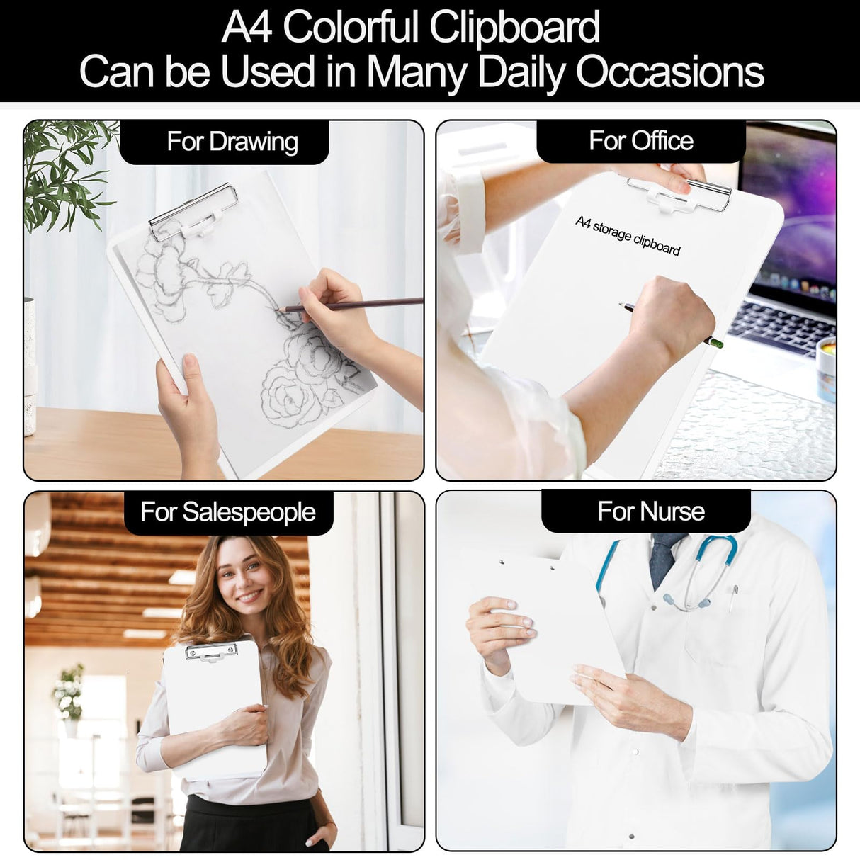 1 PCS A4 Clipboards,Plastic Clipboard with Pen Holder,Clip Boards 8.5x11 with Low Profile Clip,Cute Hanging Clipboard for School Office Supplies Clipboards for Kids,Portable Clip Board for Nurse-White SFLHHDM