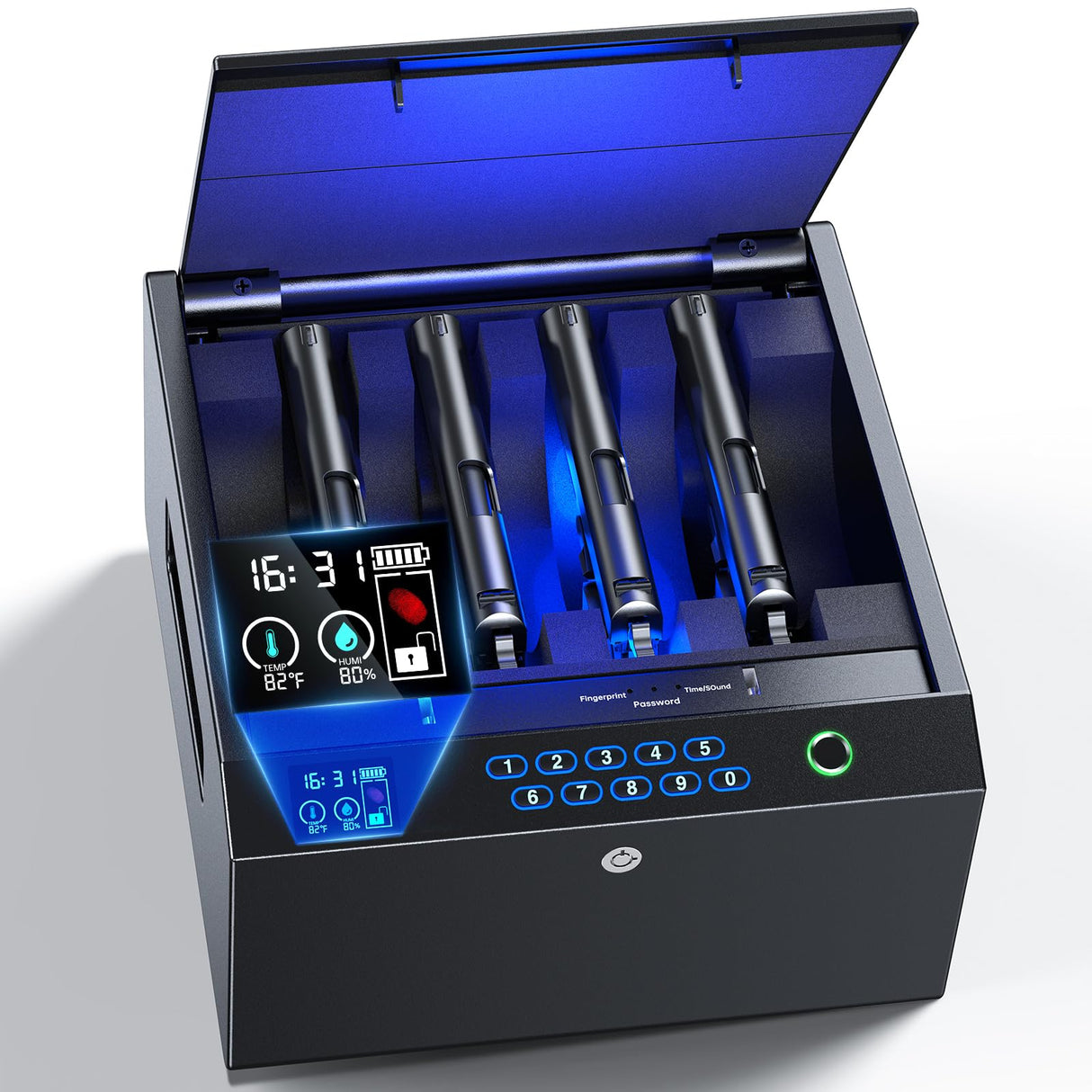 MOLICAR Gun Safe, 4-Pistol Safe with LCD of Temp Humidity Battery, Biometric Gun Safes for Handgun with USB-C Port, Fingerprint Quick Access Pistol Safe, Hand gun Safe for Home Bedside Nightstand Car MOLICAR