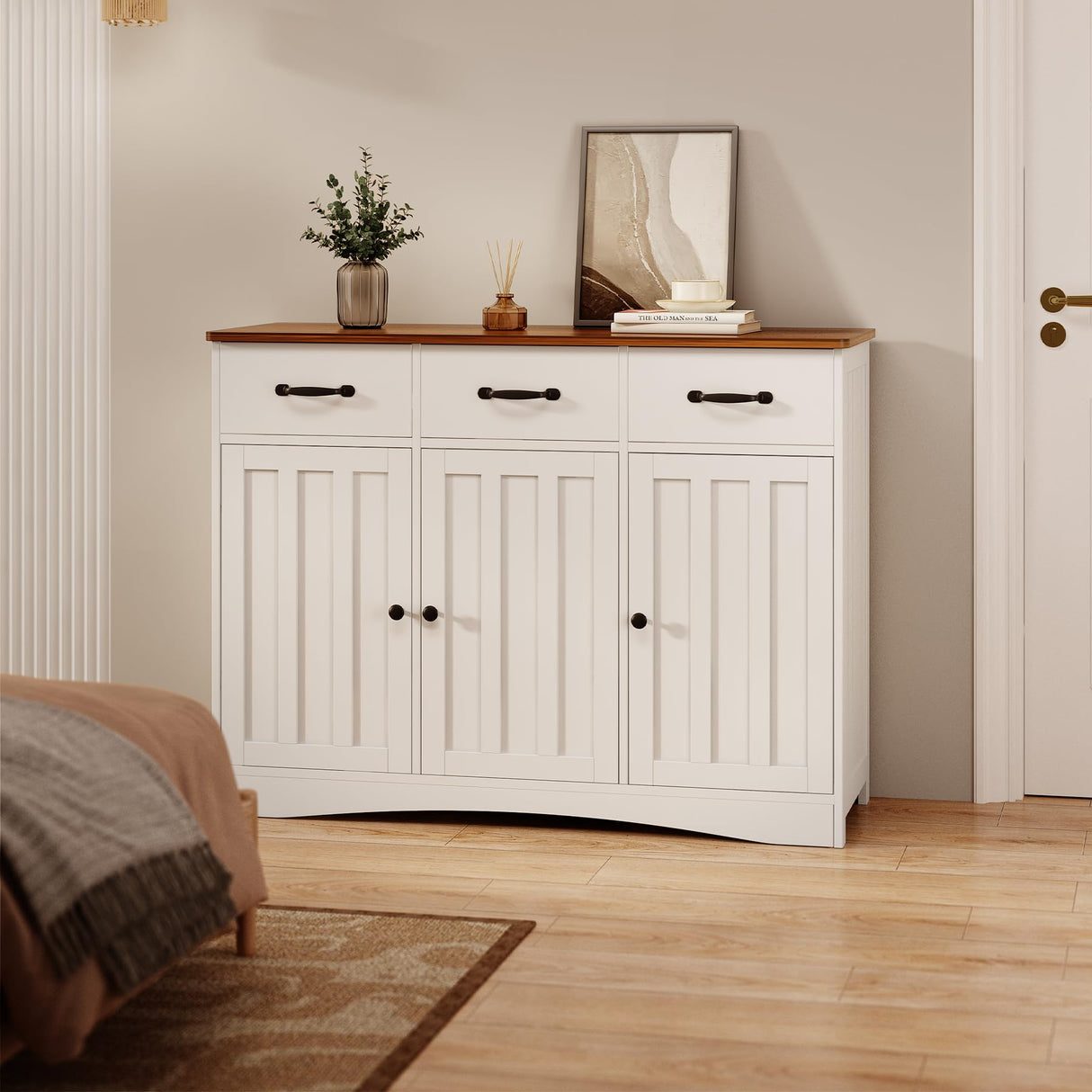 Gizoon Farmhouse Storage Cabinet with 3 Drawers, Wood Buffet Sideboard with Adjustable Shelf, Large Cupboard for Kitchen, Dining Room, Living Room, Entryway, Retro Gizoon