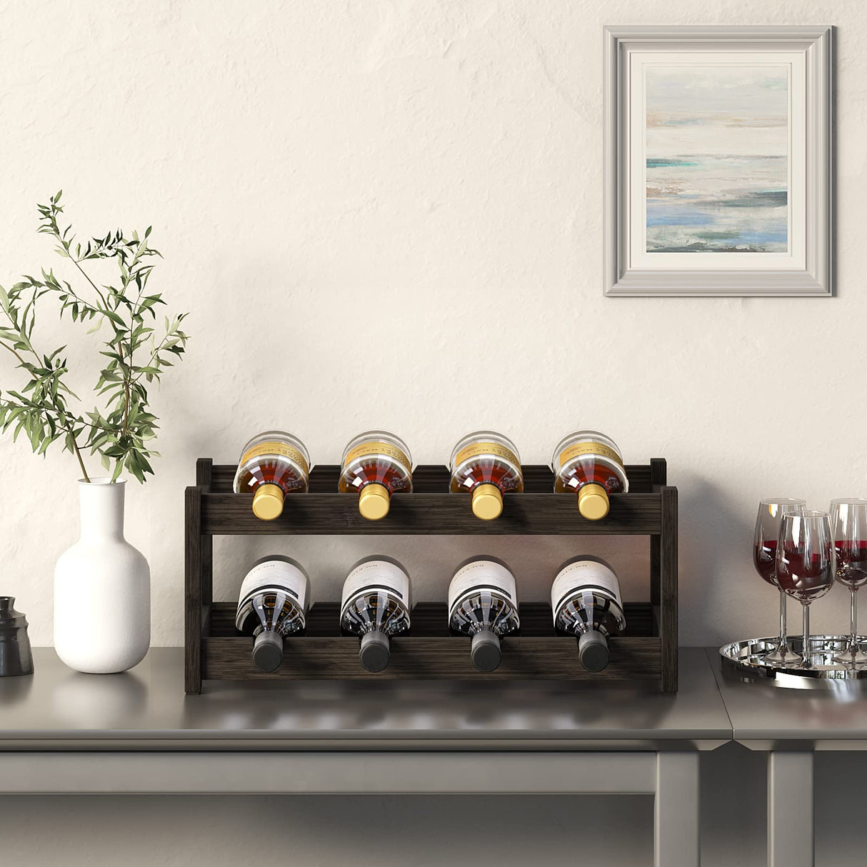 BAMEOS Wine Rack Freestanding 2 Tier 8 Bottle Bamboo Wine Racks Countertop Cabinet Wine Holder Wine Storage Shelf for, Bar, Pantry Wine Cellar Basement Countertop Mocha (16.85 L x 9.25W x 7H BAMEOS