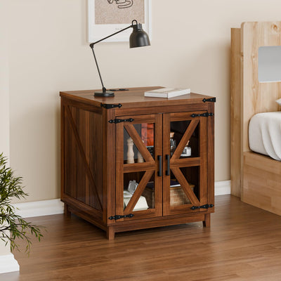 VITESSE Farmhouse End Table, 24" Large Wood Square Nightstand with Doors, Sofa Side Table with Charging Station Modern Nightstand Storage Cabinet for Living Room, Bedroom, Entryway (Brown)