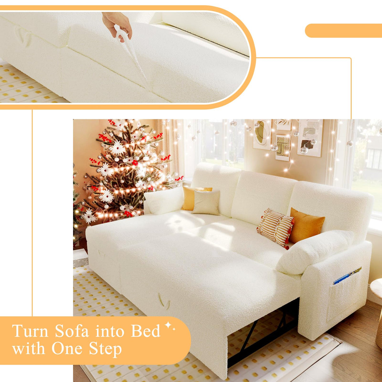 VanAcc Sleeper Sofa, Sofa Bed- 2 in 1 Pull Out Couch Bed with Storage Chaise for Living Room, Sofa Sleeper with Pull Out Bed, White Boucle Couch VanAcc