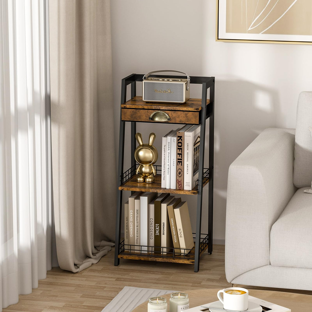 3-Tier Freestanding Bathroom Ladder Shelf with Drawer & Open Storage keomaisyto