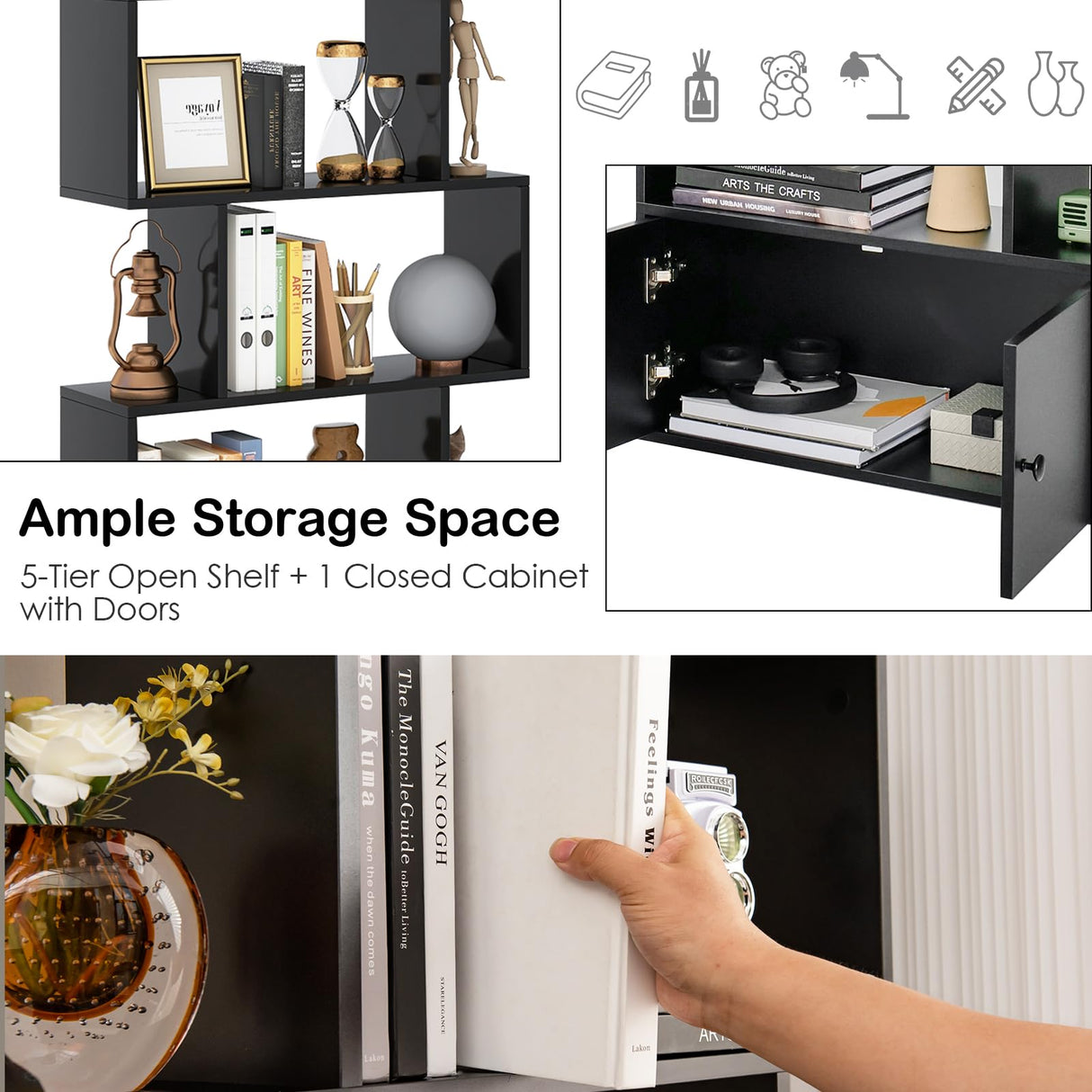 Tangkula Geometric S-Shaped Bookshelf with Cabinet - 6-Tier Freestanding Bookcase in Black for Home & Office Tangkula