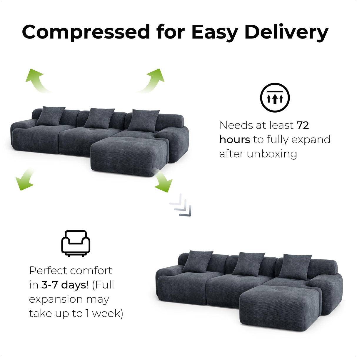 LIKIMIO 118" Modern L-Shaped Modular Sectional Sofa for Living Room, Corduroy Upholstery Charcoal Blue, Oversized 3-Seater Couch with Deep Seat and Movable Ottoman – No Assembly LIKIMIO