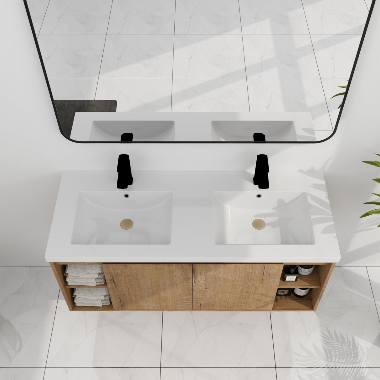 SSLine 48-Inch Double Sink Vanity Modern Wall Mounted Bathroom Vanity with Double Resin Sink 48" Large Floating Bathroom Vanities Set with Side Open Shelves & Cabinet (Brown) SSLine