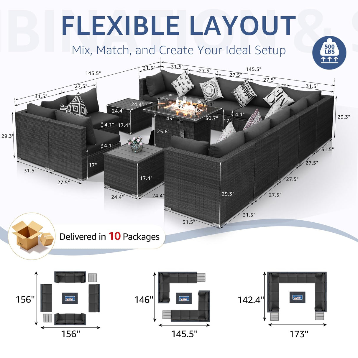 NICESOUL 15 Piece Outdoor Patio Furniture Set with Fire Pit, Extra Large Wide Outdoor Deep Seated Sectional, Cozy 29.3'' High-Back Modular Couch, 500 Lbs High Weight Capacity Wicker Sofa, Dark Gray NICESOUL