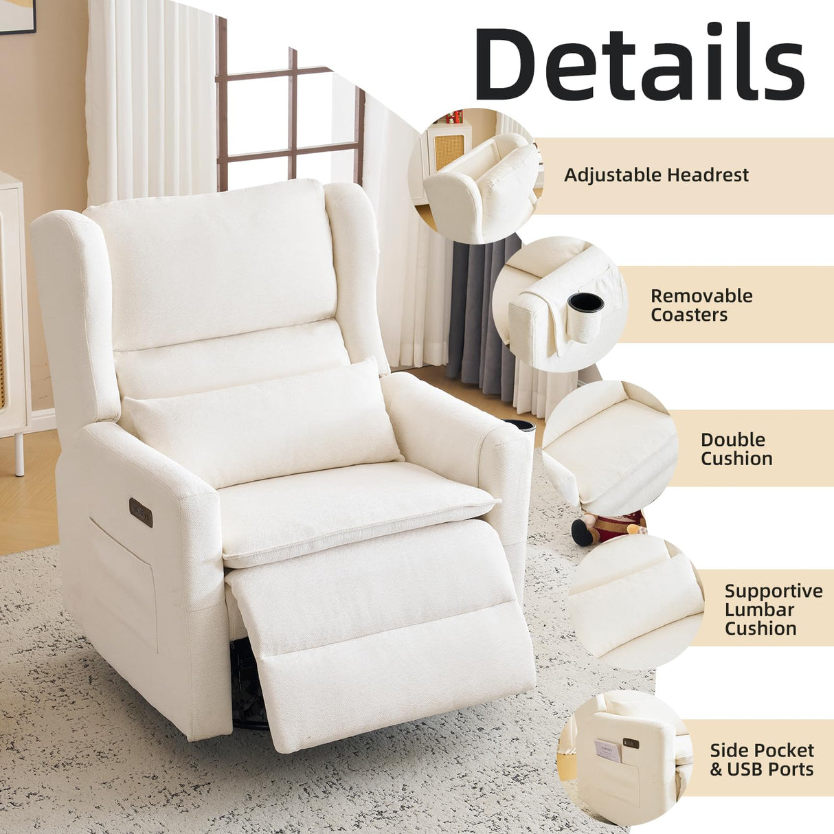 Rhevoy Oversized Swivel Rocker Recliner Chair, 26" Extra Wide Glider Nursery Chair with Adjustable Headrest, Chenille Power Recliner Rocking with Double Cushion, Cup Holder, White Rhevoy
