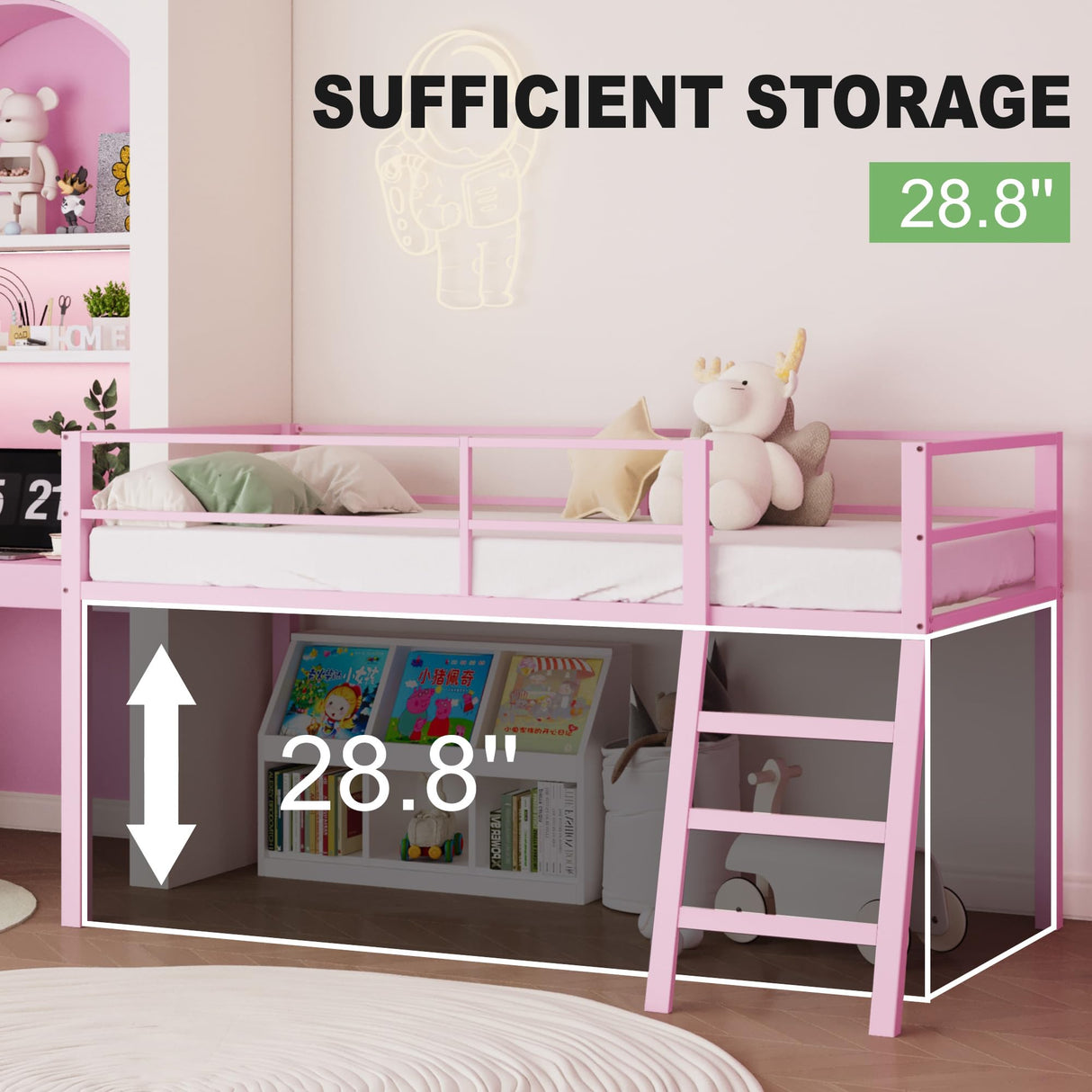 Lutown-Teen Metal Loft Bed with Stairs and Guardrail for Juniors, Space Saving Loft Bed Twin Size for Small Bedroom, Pink Lutown-Teen